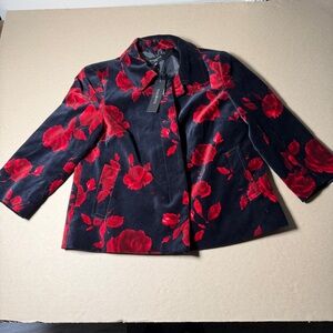 Talbots BNWT Womens Petite 4P Velvet Black Red Roses Floral Button Blazer Jacket